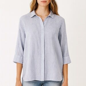 Boho Chic 100% Linen Blue White Striped Button-Back Shirt Top Size Large